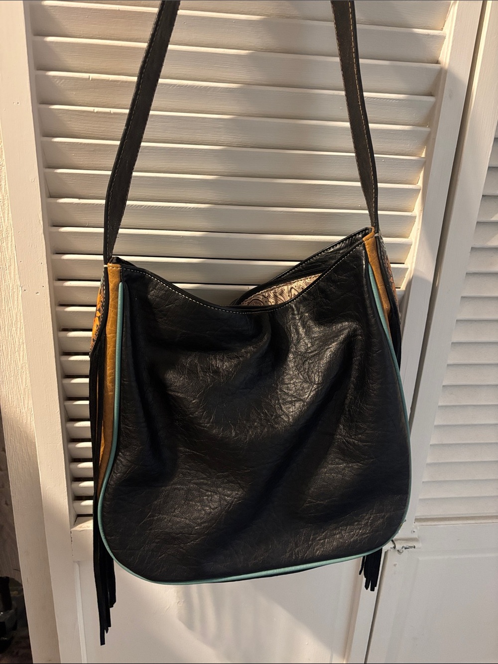 Nocona Black Shoulder Bag with Tan and Light Blue Trim